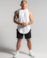 Men’s sleeveless tank top in white with lightweight stretch fabric and a long, relaxed fit for comfort during workouts.