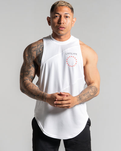 Men's sleeveless tank top in white. Red logo on left chest. 