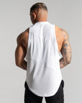 Back view of men’s sleeveless tank top with three white performance panels, jersey mesh material, and a loose-fitting scoop design.