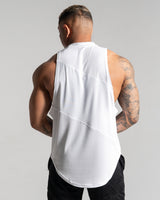 Back view of men’s sleeveless tank top with three white performance panels, jersey mesh material, and a loose-fitting scoop design.