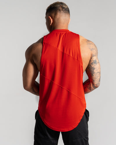 Mens tank top in red with a white logo on the left chest.