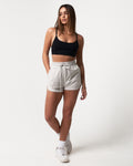 Lightweight light grey women’s shorts with a high-waisted elasticized waistband and shape-retaining design.