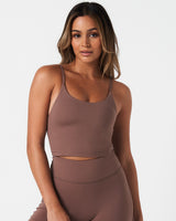 Force Tank in brown, featuring high neckline, skinny straps, and sculpting fit with built-in bra.
