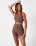 Full body image of Force Bra in brown paired with matching shorts for a sleek and supportive fit.