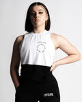 Women’s two-panel sleeveless shirt, white on top and black on the bottom, with anti-odor performance fabric, and Lyftlyfe logo on the chest.