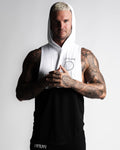 Men’s athletic sleeveless hoodie, black and white with stretch fabric, breathable jersey mesh, and antibacterial properties.