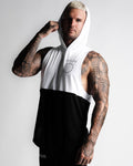 Right side view of Men's sleeveless hoodie designed in two panels. The top panel is white, including the hood. The bottom panel is in black. 