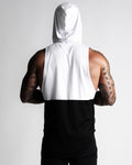 Back view of Men’s sleeveless hoodie with two-tone black and white panels, wide arm openings, and a long scoop design.