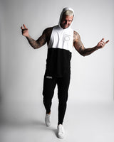 Men’s sleeveless hoodie, white on top and black on the bottom, with wide arm openings, and a lyftlyfe logo on the left chest. 
