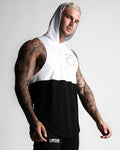 Left side view of Men's sleeveless hoodie designed in two panels. The top panel is white, including the hood. The bottom panel is in black. 