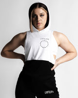Women’s athletic sleeveless hoodie, black and white, made from stretch jersey mesh with antibacterial technology.