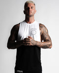 Two-panel sleeveless shirt for men, black and white, featuring wide arm openings, anti-odor technology, and a Lyftlyfe logo on the left chest.