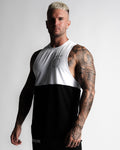 Mens sleeveless shirt designed in a two panel - white at the top and black on the bottom panel. 