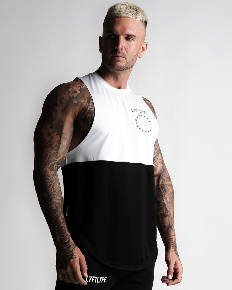 Mens tank top designed in a two panel - white at the top and black on the bottom panel. 