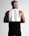Back view of men’s sleeveless shirt with two-panel white and black design, made with lightweight, breathable tri-blend fabric.