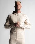 Front view of lightweight men's hoodie in sand with LYFTLYFE branding and full zipper.