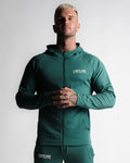 Function hoodie in green color, slim fit men's zip hoodie front angle.