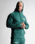Men's slim-fit hoodie in green side profile with zipper and ergonomic seamlines.
