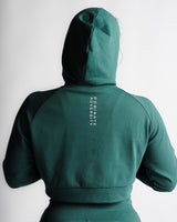 Zoom-in on 'Dominate Adversity' slogan printed on back of green hoodie.
