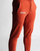 Zoomed detail of front right pocket and LYFTLYFE branding on the red joggers. 

