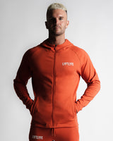 Function hoodie red color, slim fit men's zip hoodie front angle.