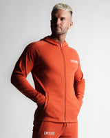 Red hoodie side angle with LYFTLYFE logo and full zip design.