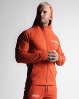 Men's hoodie in red left side angle with LYFTLYFE logo and full zip design.