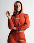 LYFTLYFE React Crop Hoodie in cherry red, hood up, front-facing view.