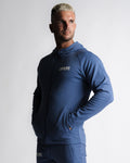 Men's slim-fit hoodie in blue left side profile with zipper and ergonomic seamlines.