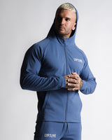 Men's blue zip-up hoodie with hood on and LYFTLYFE logo on chest.