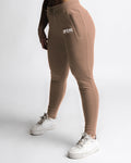 LYFTLYFE taupe joggers, women’s left side view with sporty silhouette. 