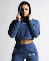 LYFTLYFE React Crop Hoodie in steel blue, hood up, front-facing view.