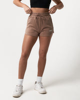 Women’s lightweight sweat shorts in taupe with a flattering high-waisted fit and tonal drawstring for size customization.