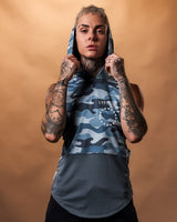 Blue camo sleeveless hoodie for women, featuring a white Lyftlyfe logo and a high-performance sweat-wicking fabric.