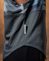 Close-up view of the Lyftlyfe side tag on the Women’s blue camo Sleeveless Hoodie, showcasing its signature branding.