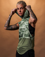 Right side view of women’s green camo sleeveless hoodie with a loose fit and moisture-wicking triple-blend fabric for comfort.