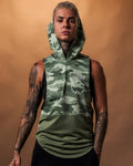 Front view  of the Women’s sleeveless hoodie in green camo, crafted with a loose fit and a moisture-wicking triple-blend fabric for ultimate comfort.