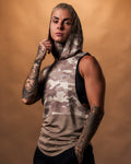 Left side view of women’s brown camo sleeveless hoodie with a loose fit and moisture-wicking triple-blend fabric for comfort.