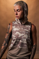 Women’s Command Sleeveless Hoodie in brown camo, highlighting the white LYFTLYFE logo and relaxed hood design.