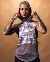 Women’s Command sleeveless hoodie in purple camo, showcasing a relaxed hood and moisture-wicking technology.