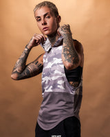 Right side view of the Women’s gym sleeveless hoodie in purple camo, crafted for comfort, breathability, and freedom of motion during workouts.