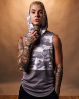 Women’s athletic sleeveless hoodie in purple camo, showcasing a relaxed hood and moisture-wicking technology.