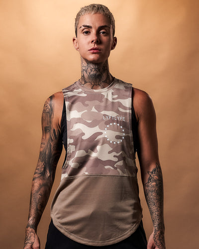 Camouflage sleeveless shirt with a white brand logo on a light gray background