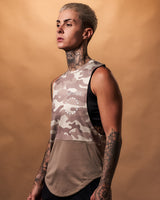 Side view of Women’s Command Cut Sleeve in brown camo with antibacterial, anti-odor, and sweat-wicking fabric for high-performance workouts.