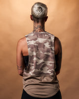 Back view of Women’s Command Cut Sleeve in brown camo with antibacterial, anti-odor, and sweat-wicking fabric.