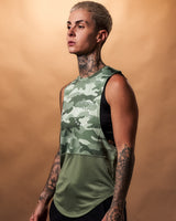 Women’s sleeveless gym tank in green camo, displayed from the left side, highlighting its curved hem and durable triple-blend fabric.