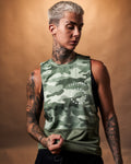 Women’s Command Cut Sleeve in green camo, highlighting its athletic design and premium performance fabric.