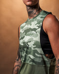 Close-up of Lyftlyfe’s white logo on the green camo sleeveless tank top , highlighting the performance-driven design.