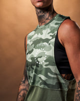Close-up of Lyftlyfe’s white logo on the green camo sleeveless tank top , highlighting the performance-driven design.