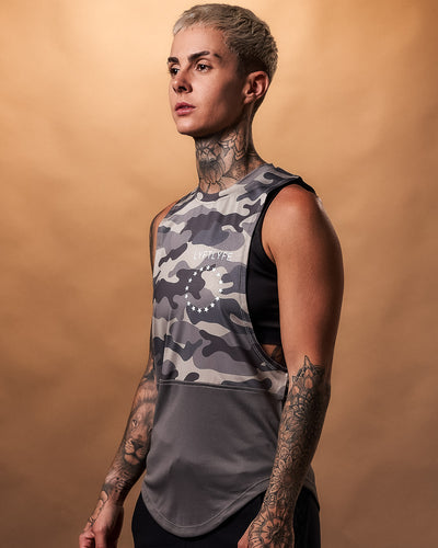 Front view of the Women’s Command sleeveless shirt in black camo, highlighting its athletic design and premium performance fabric.